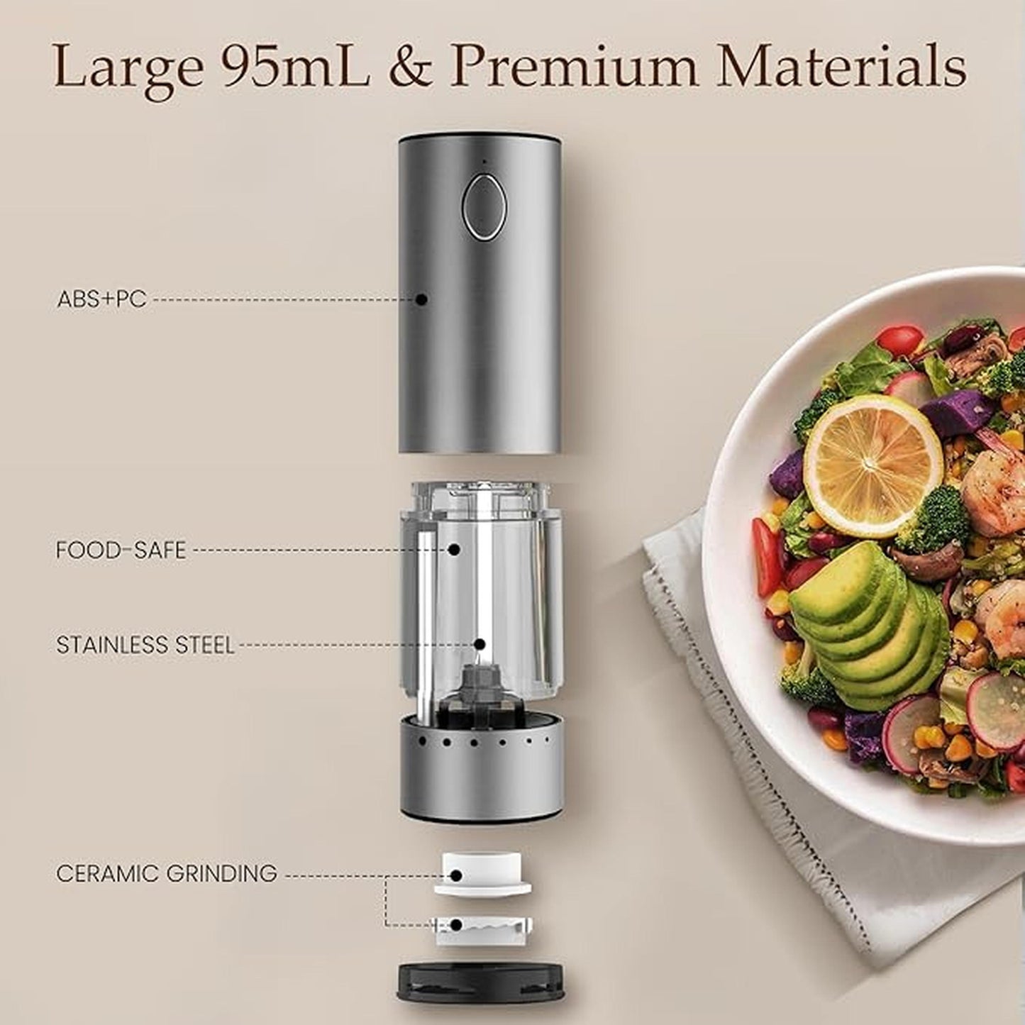 Rechargeable Electric Salt & Pepper Grinder – Adjustable Coarseness, LED Light, Stainless Steel Mill