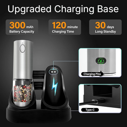 Rechargeable Electric Salt & Pepper Grinder – Adjustable Coarseness, LED Light, Stainless Steel Mill